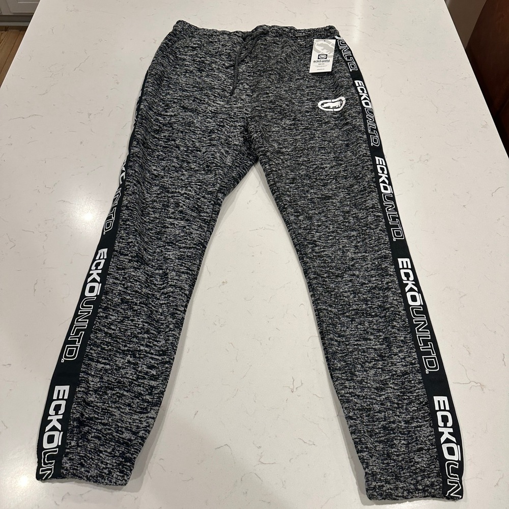 Ecko Unltd Mens Flyknit Jogger Sweatpants Space Dye Logo Tape Black White M